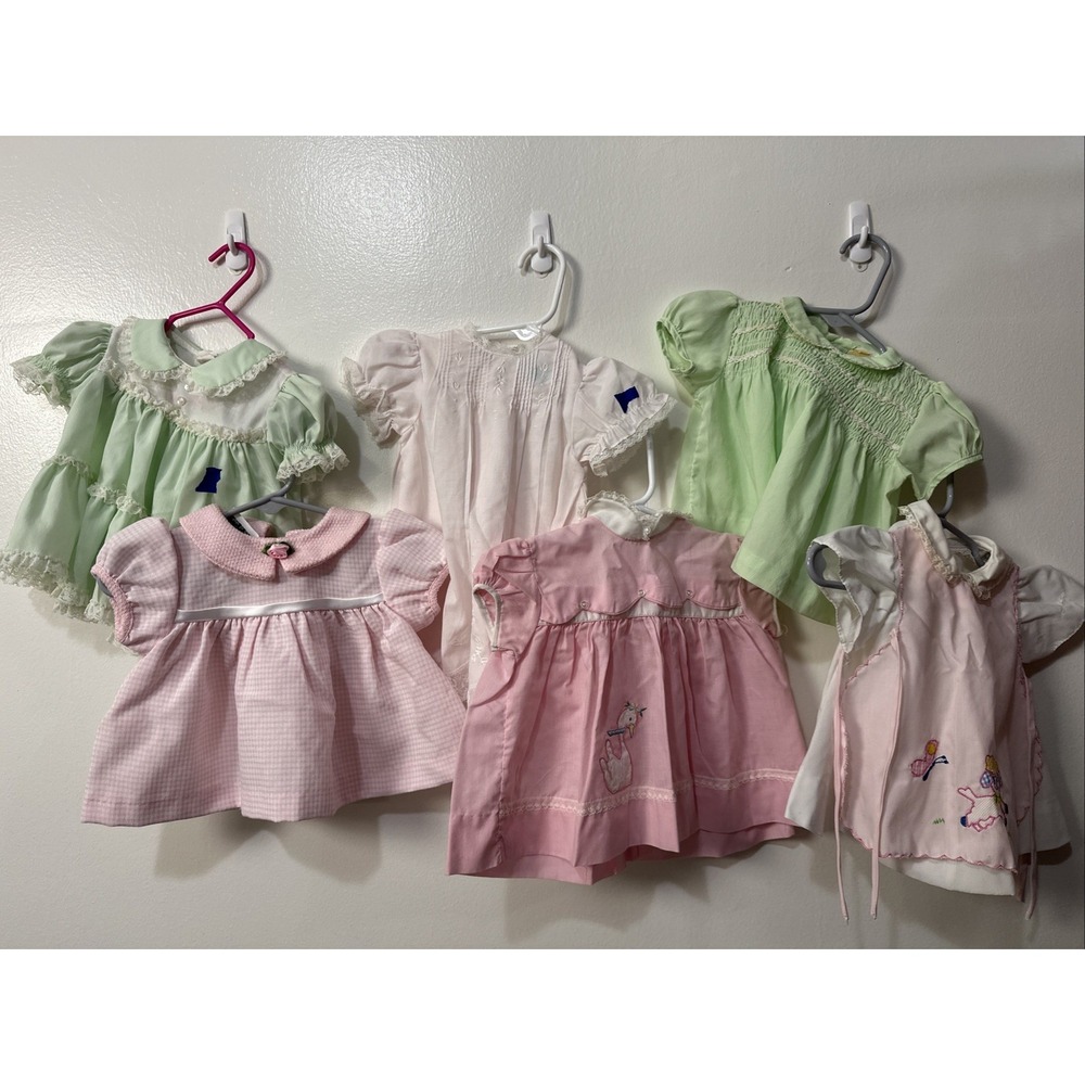 Vintage Girls Dresses Frilly Smock Lot Of 6 3-6 Months